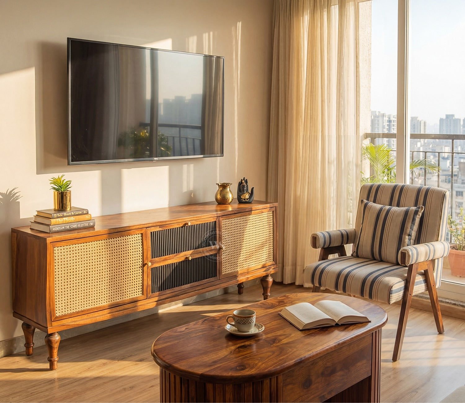 Murphy Premium Solid Wood TV Unit With Drawers, Cane & Brass Accents (Sheesham Wood, Teak Finish)