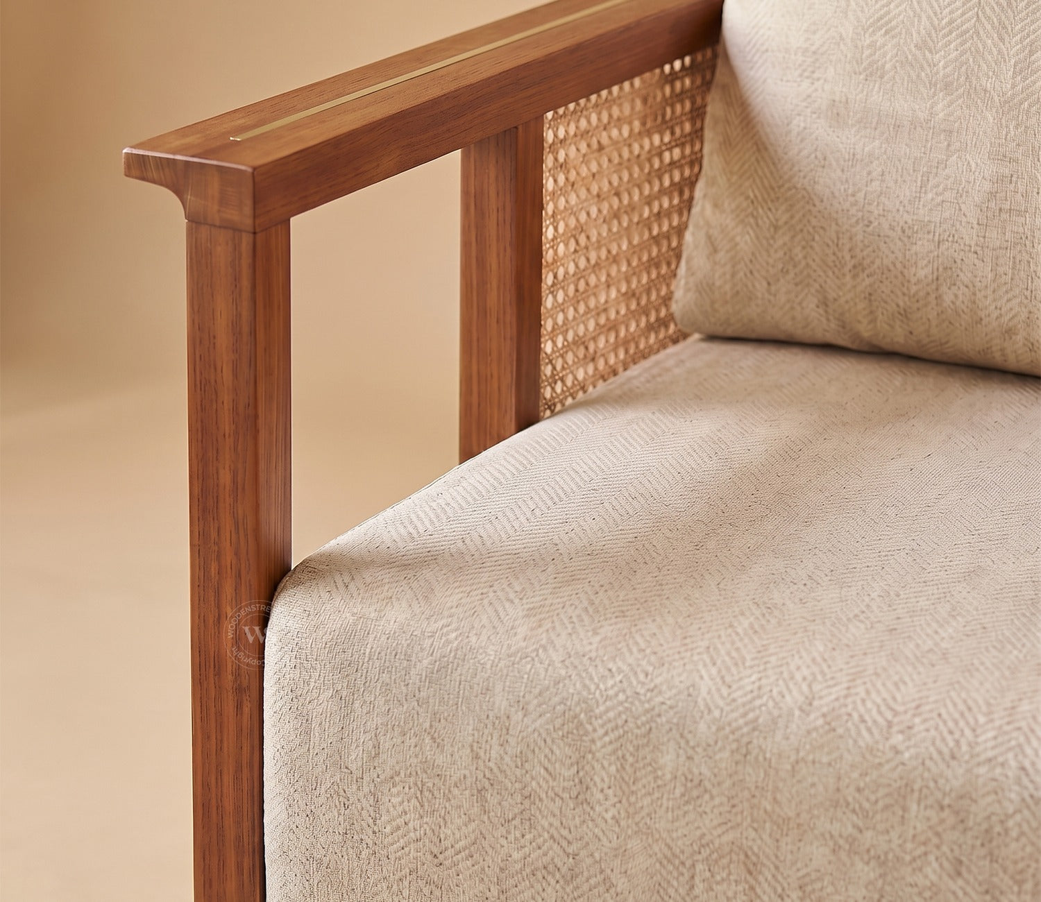Varnik 3+1+1 Ash Wood Sofa Set with Cane Accents (Teak Finish, Cottage Ivory)