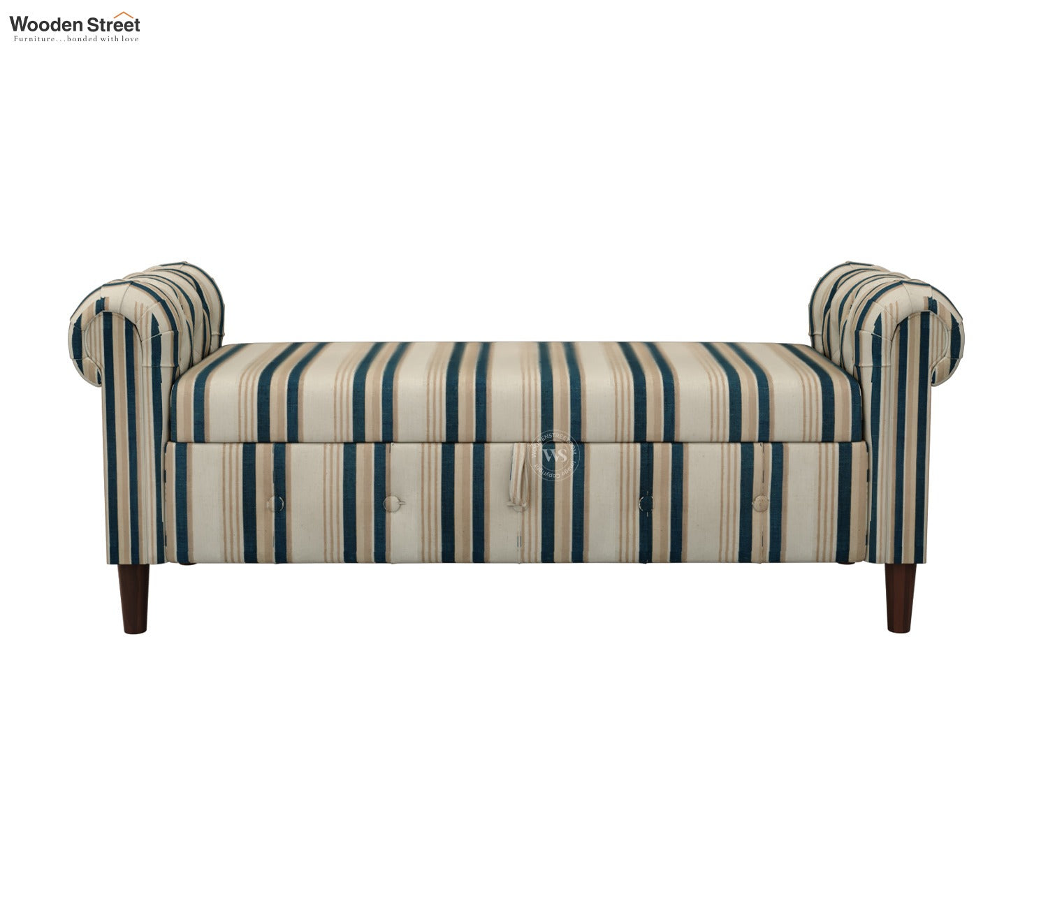 Velo Cushioned Hand Carved Sofa Bench With Hidden Storage (Blue Strip)