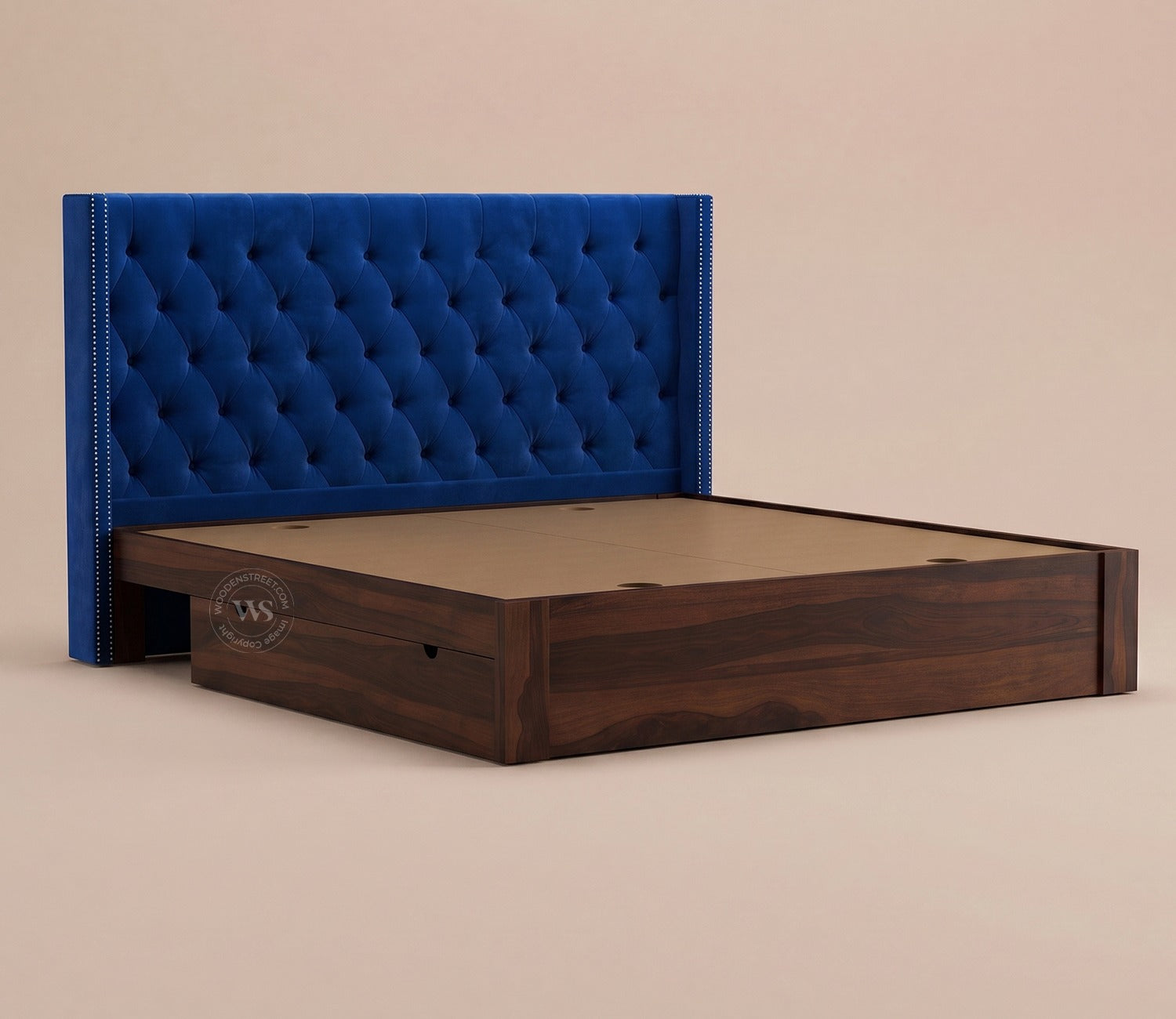 Drewno Sheesham Wood Upholstered Bed With Storage (Queen Size, Indigo Blue)