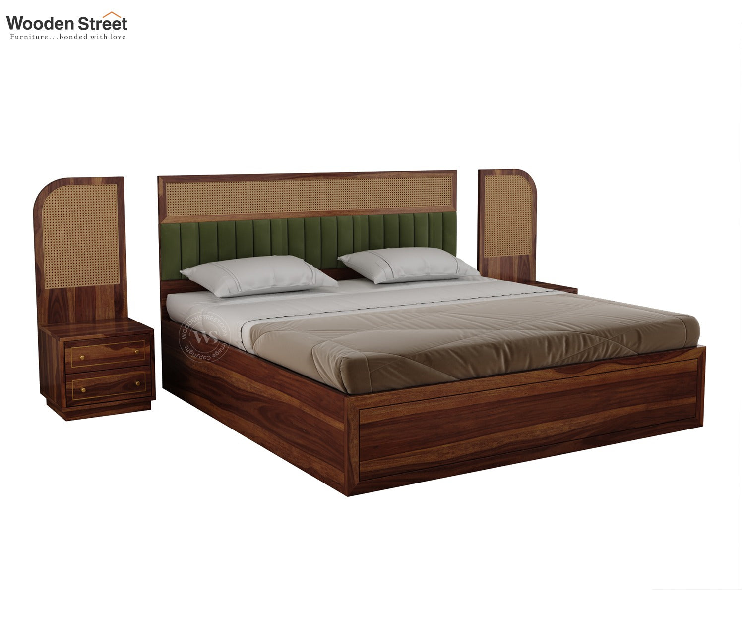 Serah Premium Sheesham Wood Bed with Cane & Velvet Headboard, Hydraulic Storage & 2 Modular Bedside Tables (Queen Size, Teak Finish)