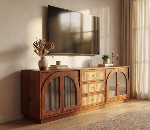 Windsor Premium Mango Wood TV Unit with Fluted Glass Panel Door Cabinets, Cane Detailing (Teak Finish)