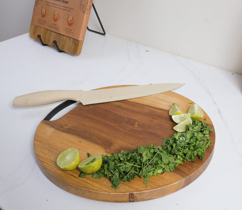 Sage Round Mango Wood Handcrafted Non Slip Chopping Board With Handle for Kitchen