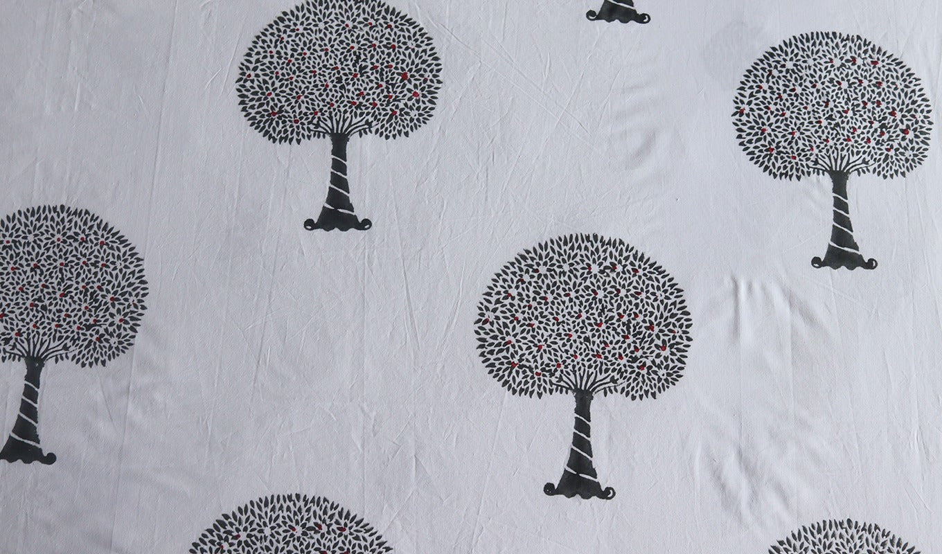 Tree Motifs Hand Block Printed White Double Bed Sheet with Pillow Covers