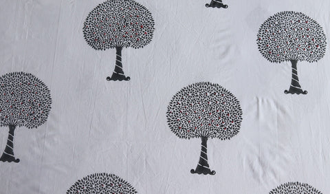 Tree Motifs Hand Block Printed White Double Bed Sheet with Pillow Covers