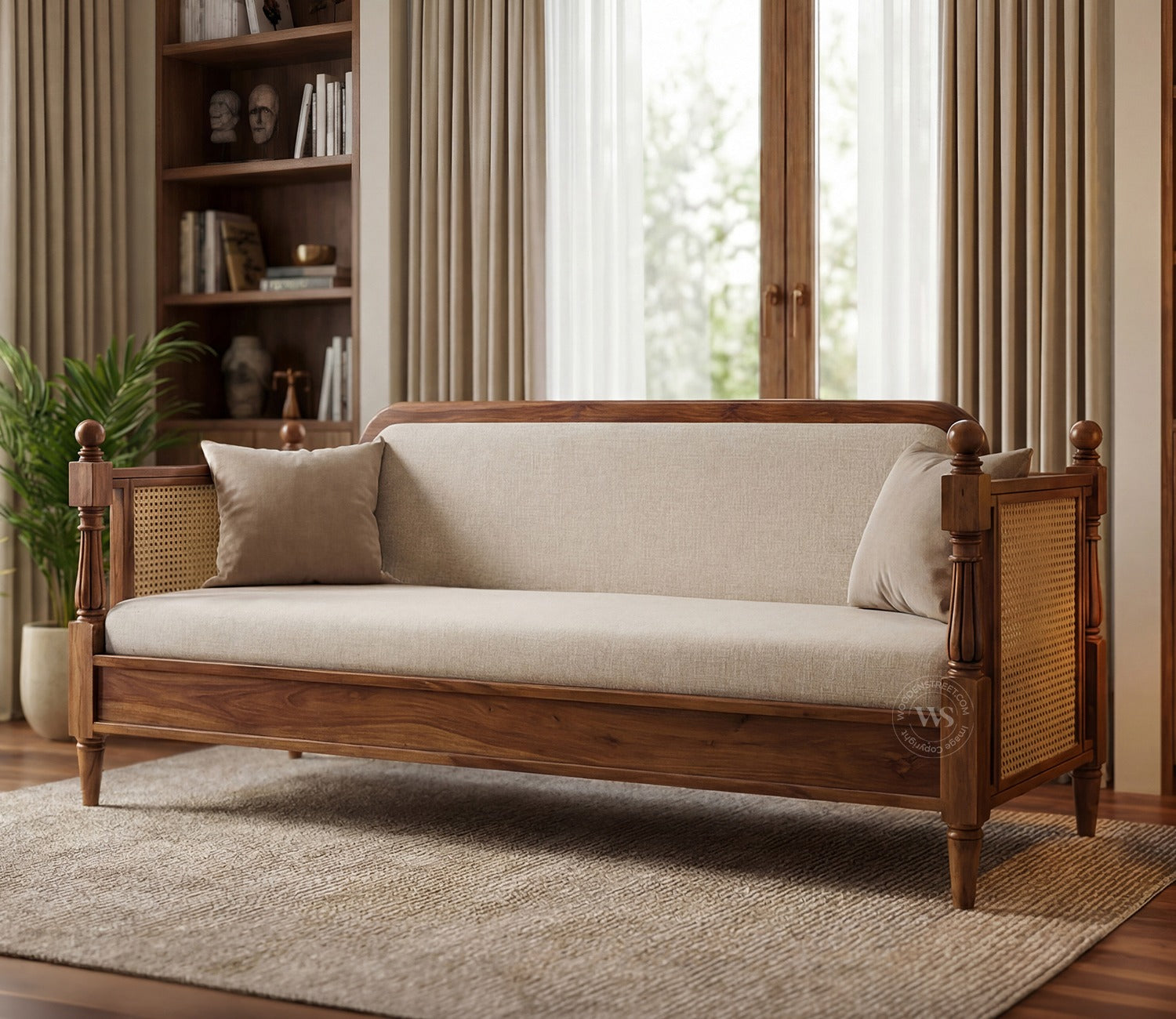 Dyuti Sheesham Wood and Cane Divan Bed with Jade Ivory Mattress (Teak Finish)