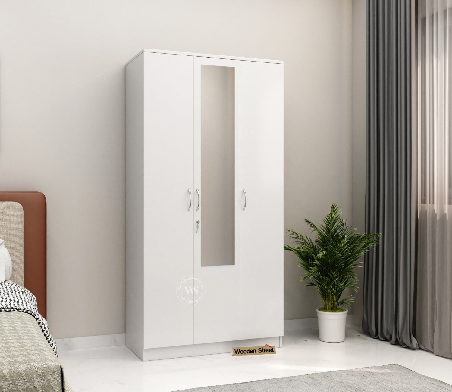 Kayden 3 Door Multi Utility Wardrobe With Mirror (Frosty White Finish)