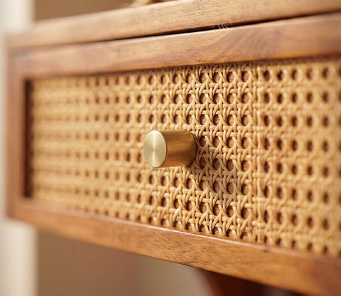 Shoonya Sheesham Wood Home Temple with Brass Detailing and Cane Accents (Teak Finish)