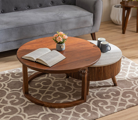 Akasa Sheesham Wood Nesting Coffee Tables With Storage, Set of 2 (Teak Finish)