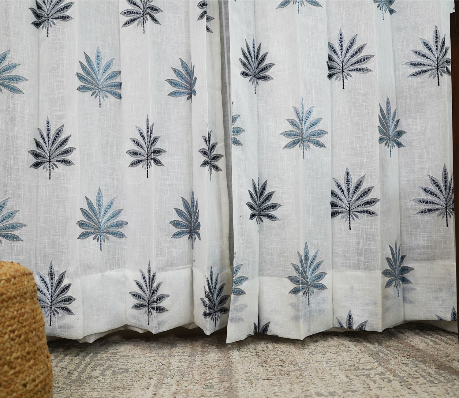 Crown Leaf Sheer Door Curtains Set of 2 (Blue, 7 Feet)