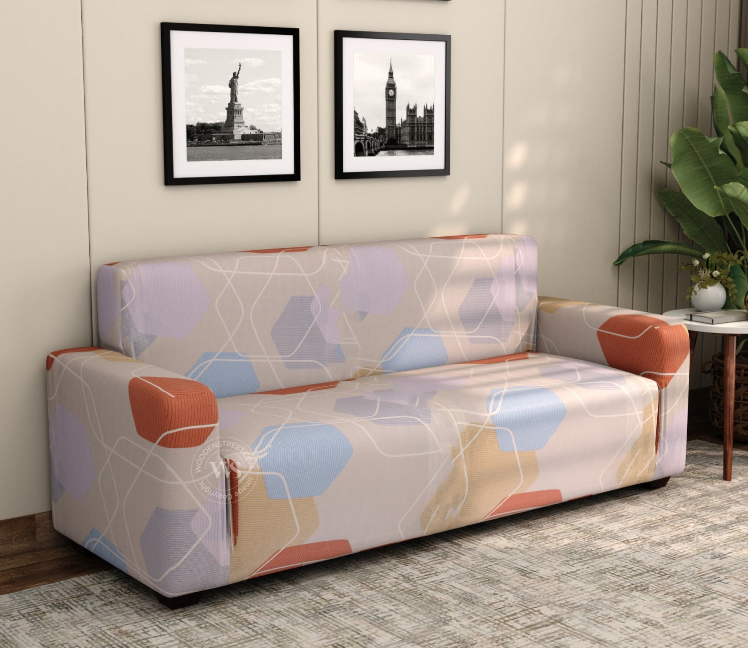 Agnus Modern Abstract Printed Polyester Spandex 3 Seater Sofa Cover (Multi Colour)