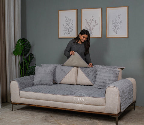 Serene Classic Plain Solid Grey 3 Seater Sofa Cover - Set of 8