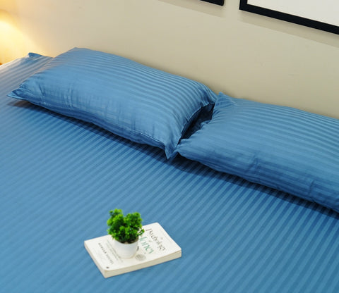 300 TC Pure Cotton Fitted King Size Bedsheet with Satin Stripe with 2 Pillow Covers (Blue)