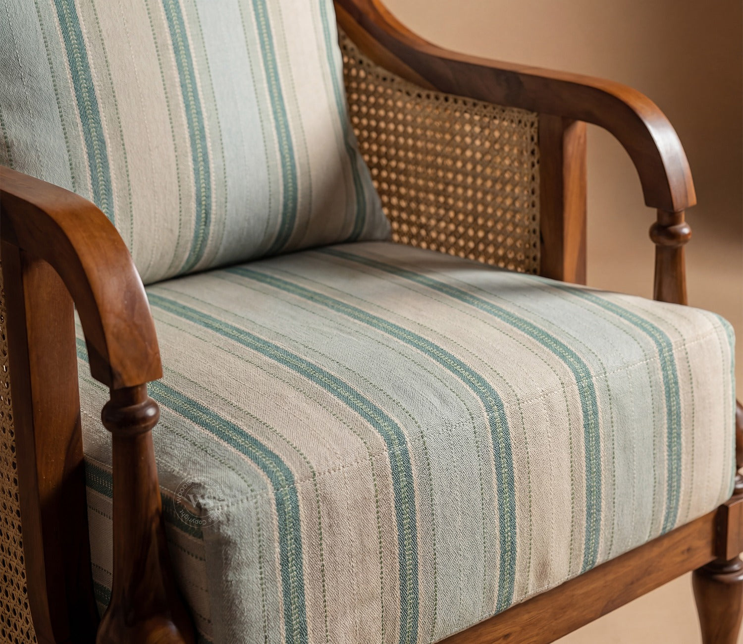 Eterna Sheesham Wood Lounge Chair With Premium Upholstery & Cane Detailing (Teak Finish)