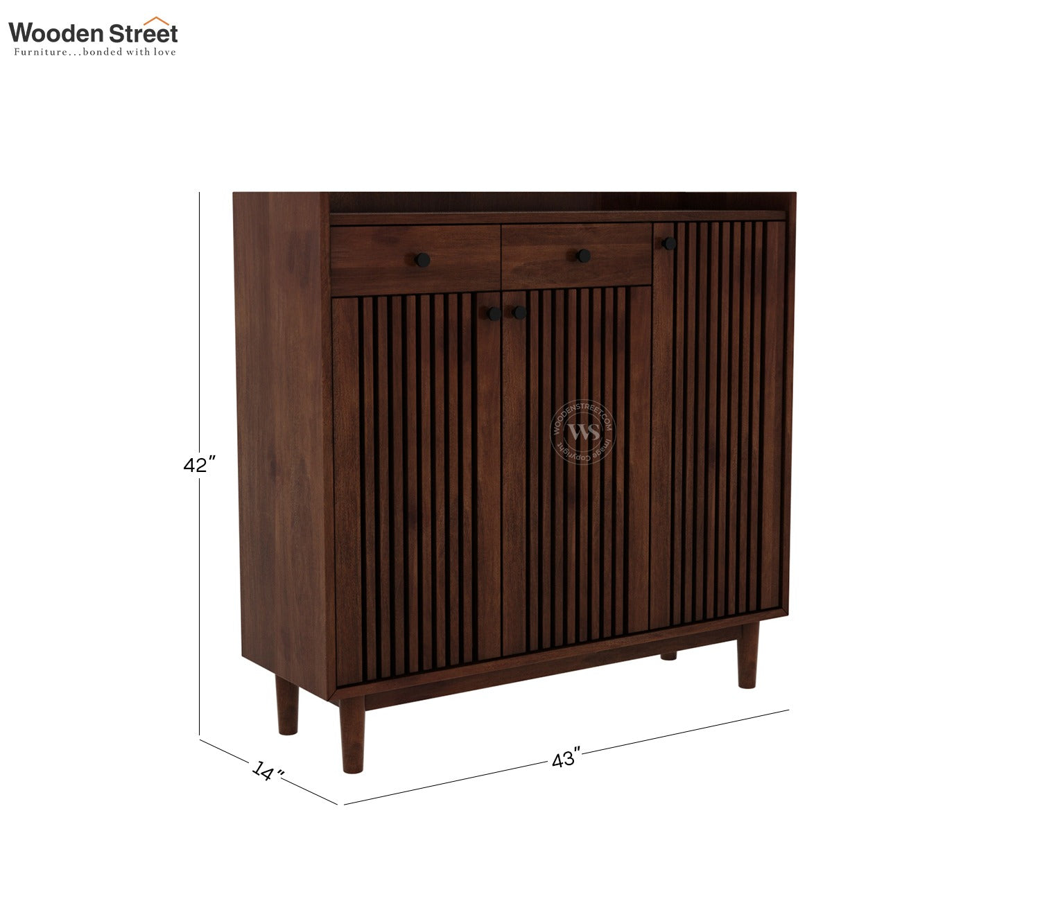 Gaitor Soild Wood Shoe Cabinet with Drawers & Slatted Doors (Mango Wood, Teak Finish)