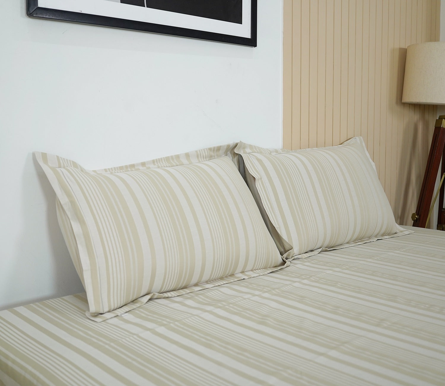 Thin Stripe 290 TC Flat Pure Cotton King Size Bedsheet With 2 Pillow Covers (Cream)