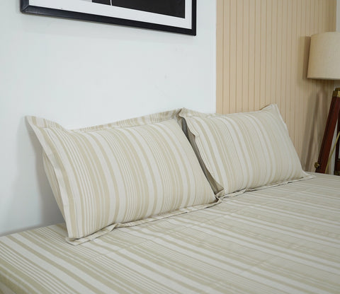 Thin Stripe 290 TC Flat Pure Cotton King Size Bedsheet With 2 Pillow Covers (Cream)