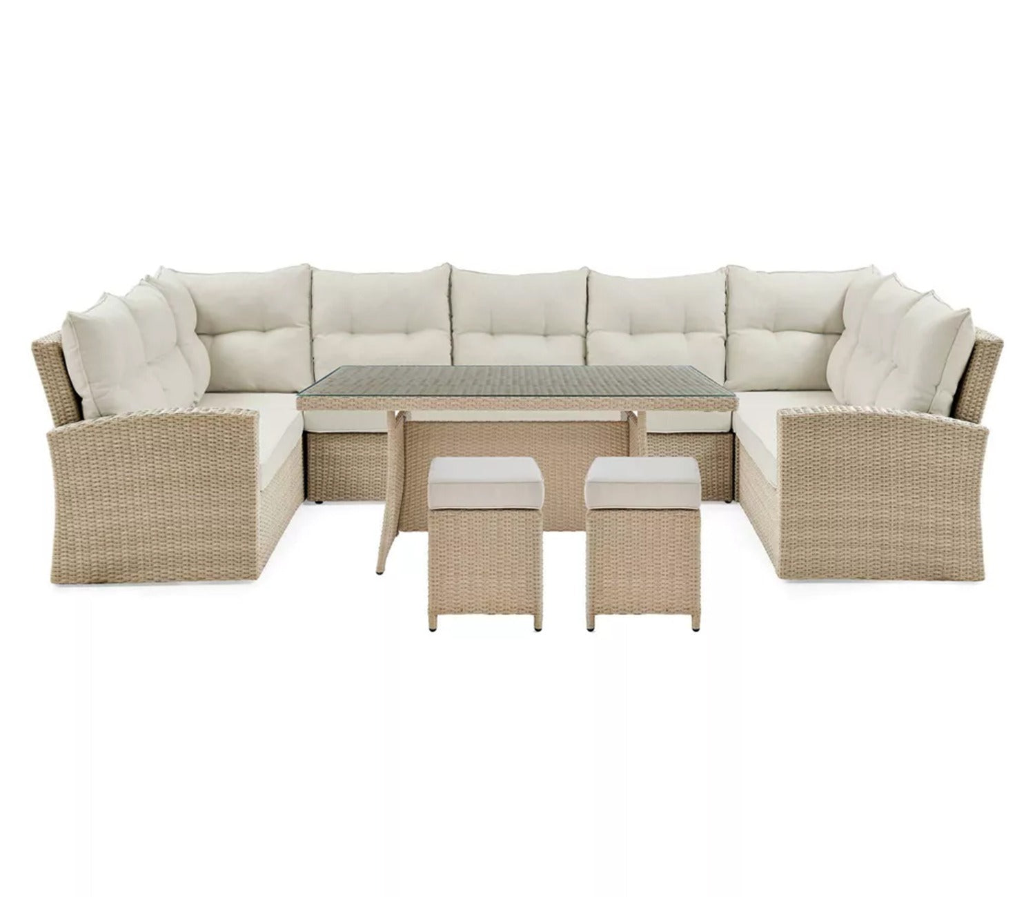 Beige Rattan And Wicker Patio Set With Table And Off White Cushions