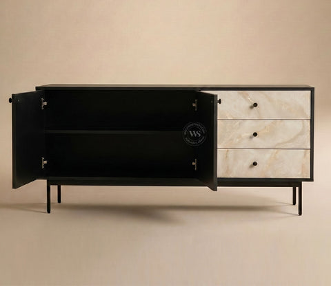 Marbay Modern Black Sideboard & Cabinet with Textured Front & Metal Base (Engineered Wood, Marble Pattern)