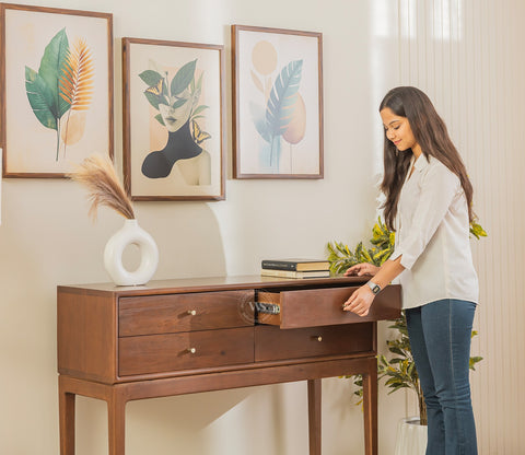 Kaushal Mango Wood Console Table with Drawer Storage (Teak Finish)