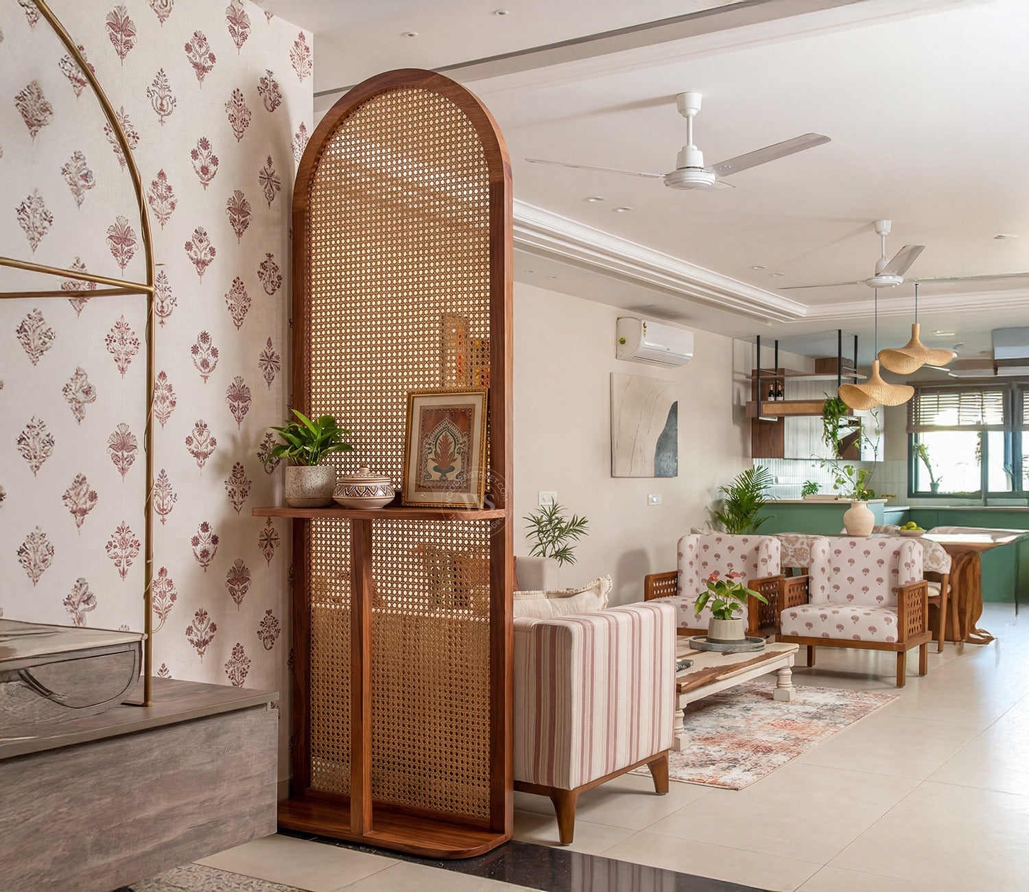 Aakruti Arch Sheesham Wood Single Panel Room Divider with Cane Weave & Open Shelf - Freestanding Partition Screen