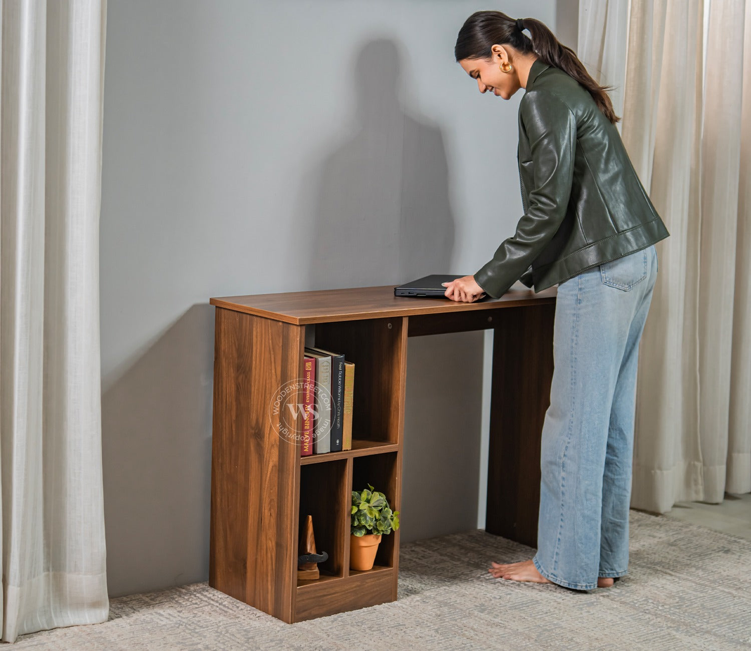 Atom Engineered Wood Study Table With Sectioned Shelf Storage (Columbian Walnut Finish)