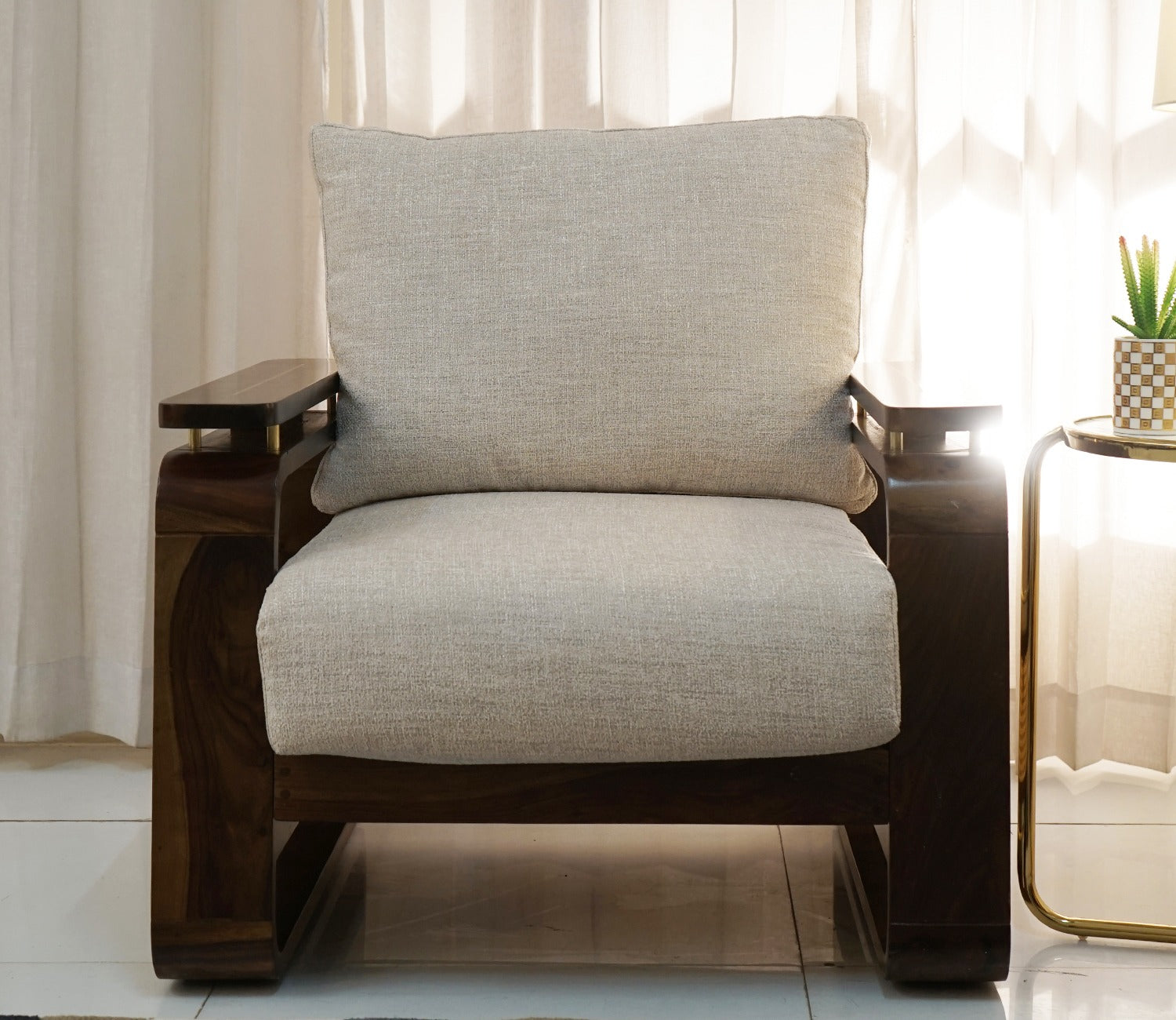Vedic 3+1+1 Sheesham Wood Sofa Set With Cane and Brass Detailing (Walnut Finish, Jade Ivory)