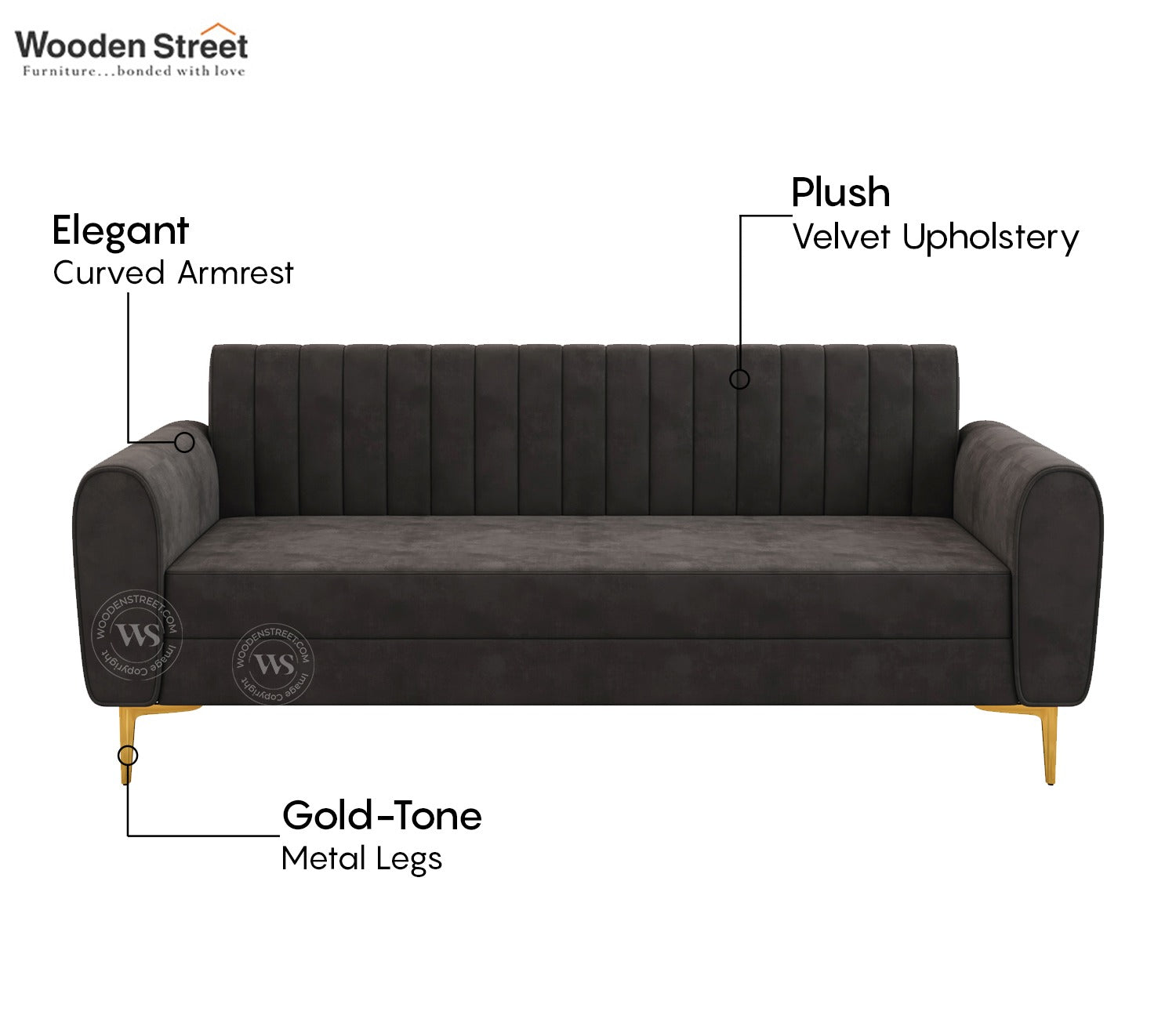Medusa 3 Seater Fabric Sofa (Velvet, Graphite Grey)