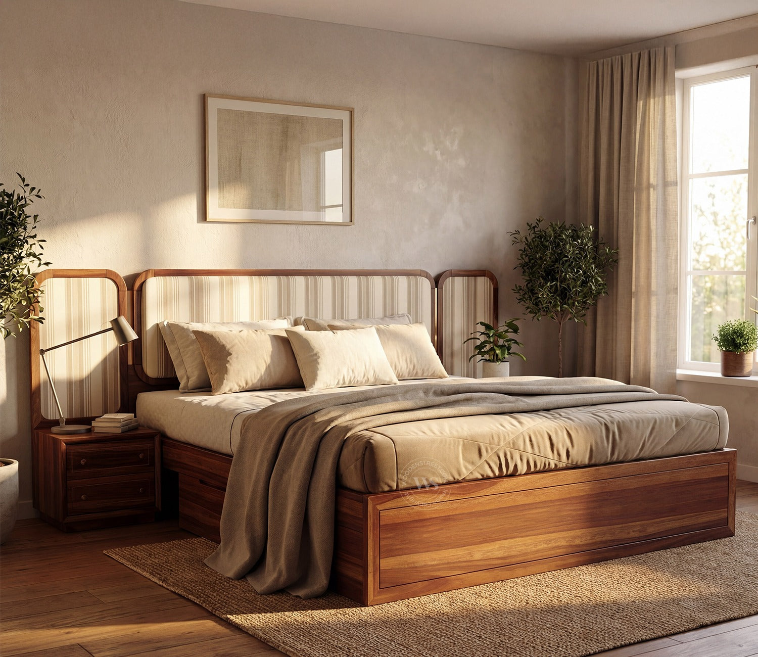 Iransh Premium Sheesham Wood Bed with Striped Headboard Drawer Storage and 2 Bedside Tables (Queen Size, Cream Stripe)
