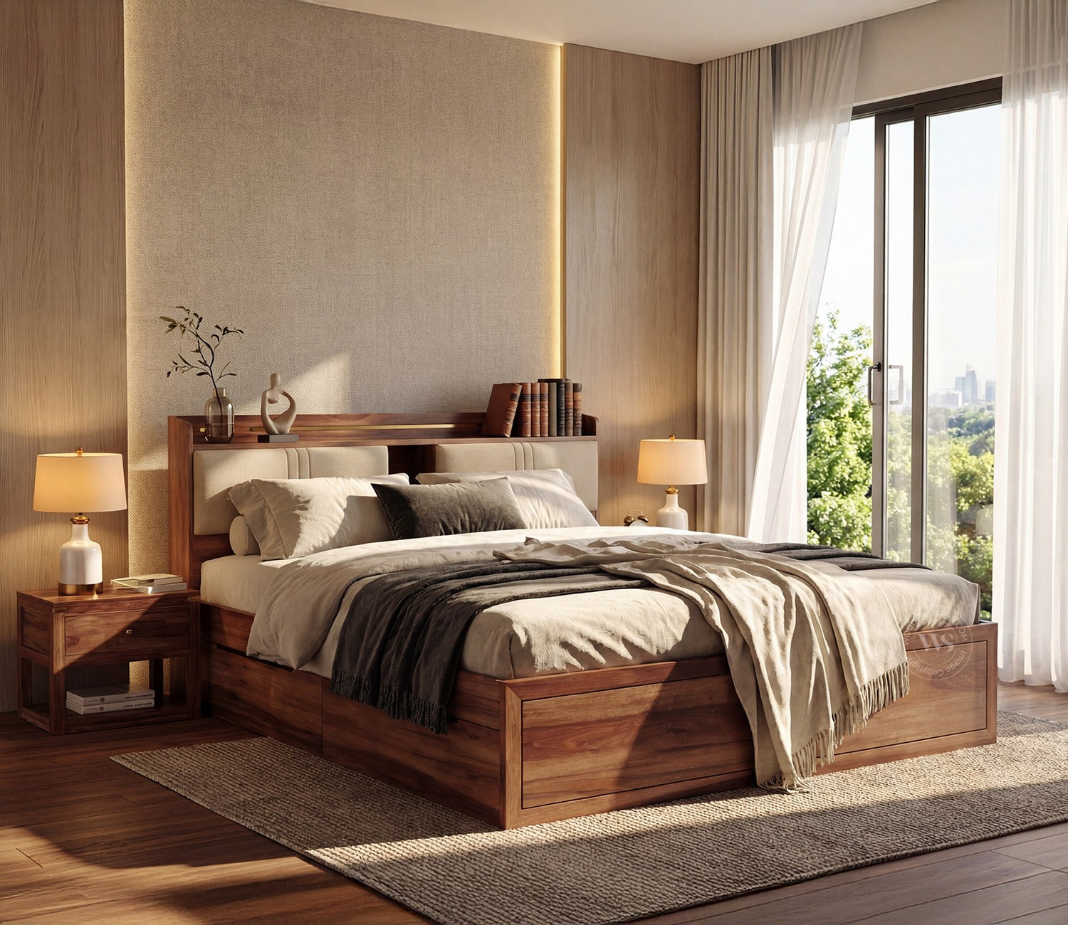 Wildon Premium Sheesham Wood Bed with Cushioned Headboard and Drawer Storage (Queen Size, Teak Finish)