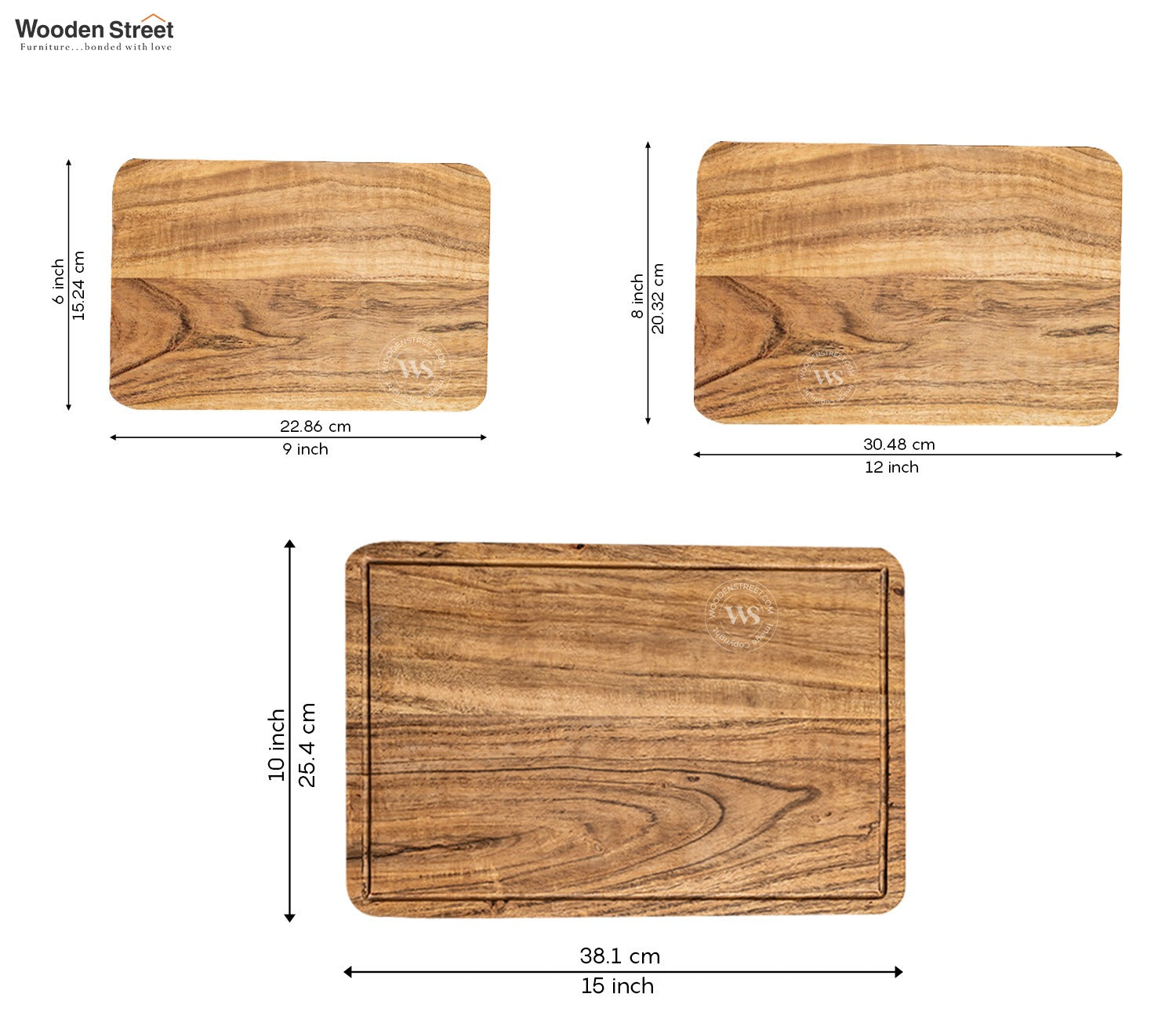 Troy Acacia Wood Handcrafted Non Slip Chopping Boards Small-Medium And Large Chopping Board For Kitchen - (Set of 3)