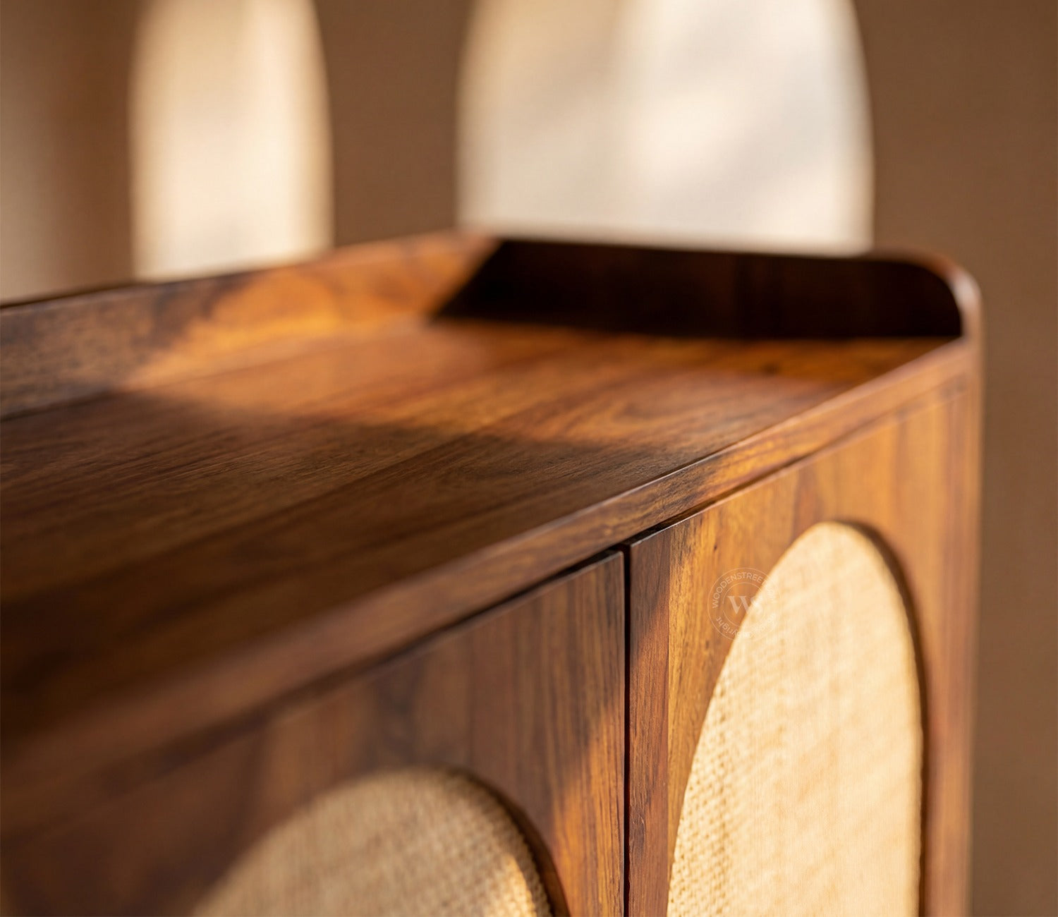Amodh Sheesham Wood Bar Cabinet with Arched Cane Doors & Brass Handles (Teak Finish)