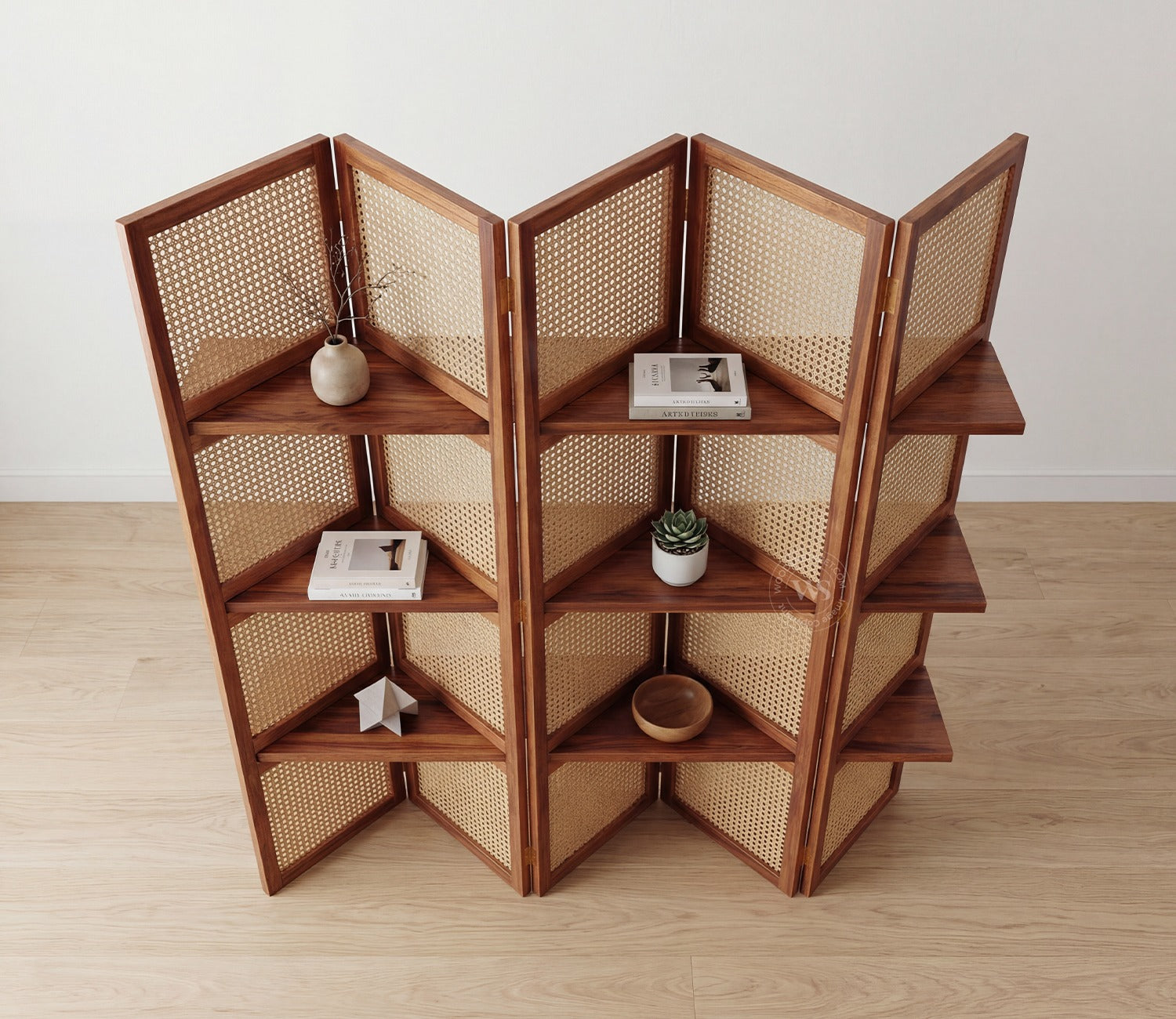 Aakaar Sheesham Wood Foldable Room Divider with Cane Weave & Open Shelves - 5 Panel Partition Screen