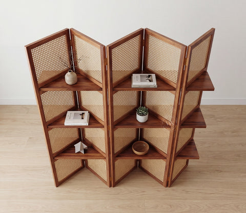 Aakaar Sheesham Wood Foldable Room Divider with Cane Weave & Open Shelves - 5 Panel Partition Screen