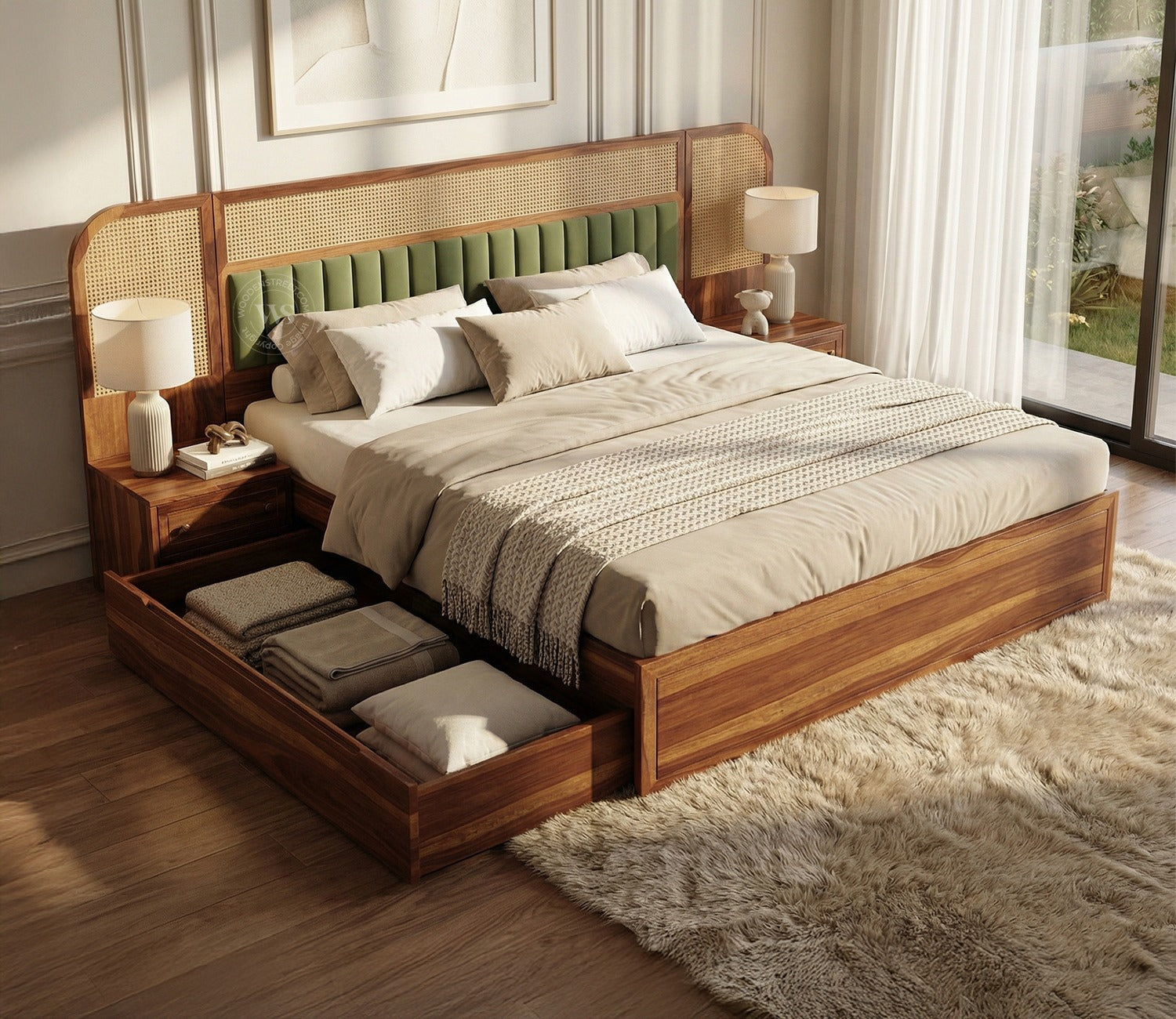 Serah Premium Sheesham Wood Bed with Cane & Velvet Headboard, Drawer Storage & 2 Modular Bedside Tables (Queen Size, Teak Finish)