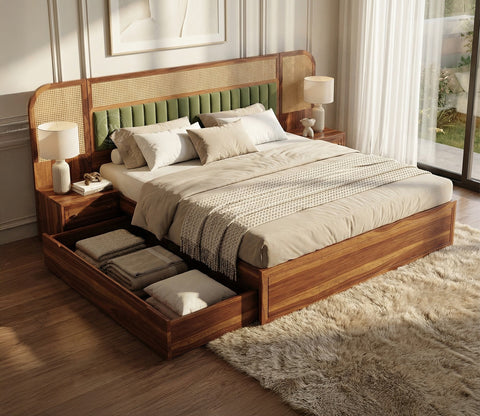 Serah Premium Sheesham Wood Bed with Cane & Velvet Headboard, Drawer Storage & 2 Modular Bedside Tables (Queen Size, Teak Finish)