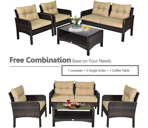 Dark Brown Rattan And Wicker Sofa Patio Set With Cream Cushions And Table
