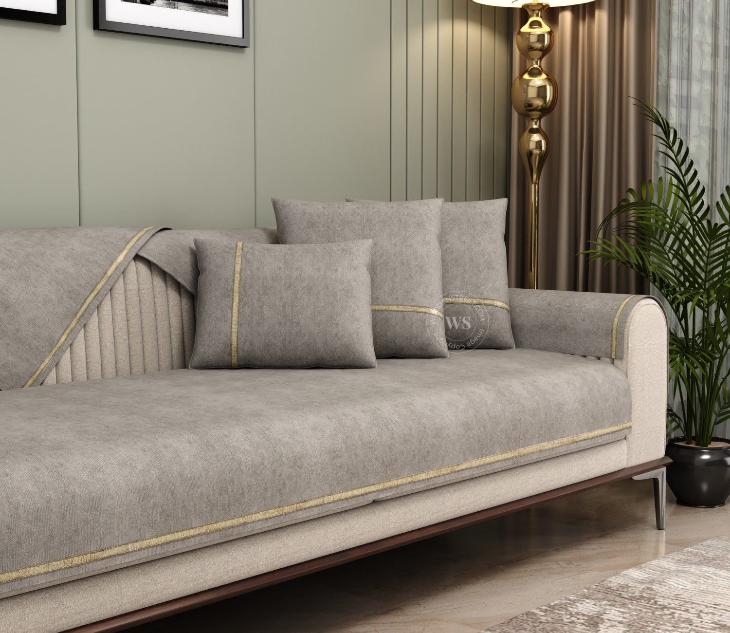 Princeton 3 Seater Premium Sofa Cover with Shimmer Lace - Set of 9 (Latte Beige)