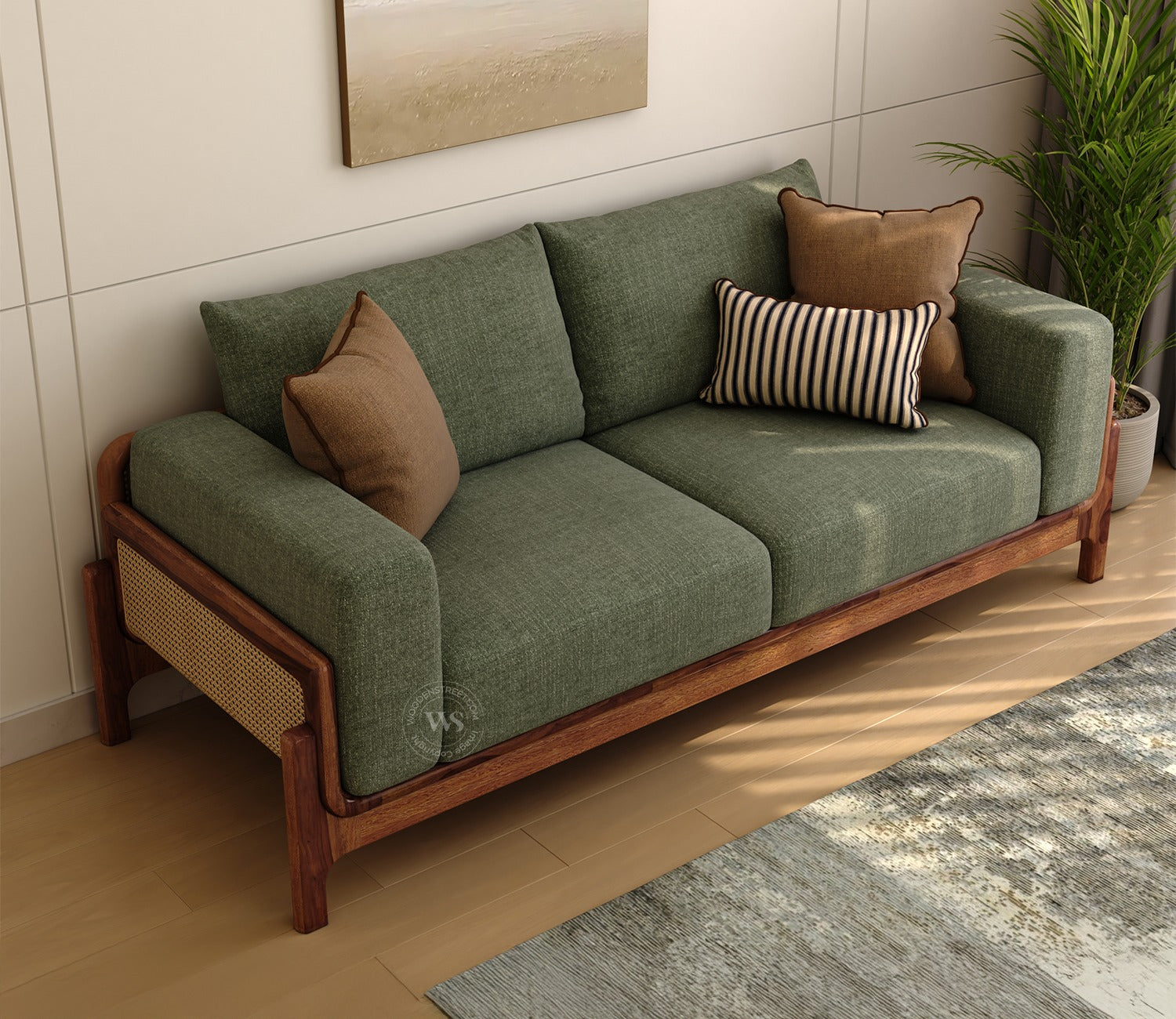 Aranyam Sheesham Wood 3 Seater Sofa with Cane Detailing (Sage Green)
