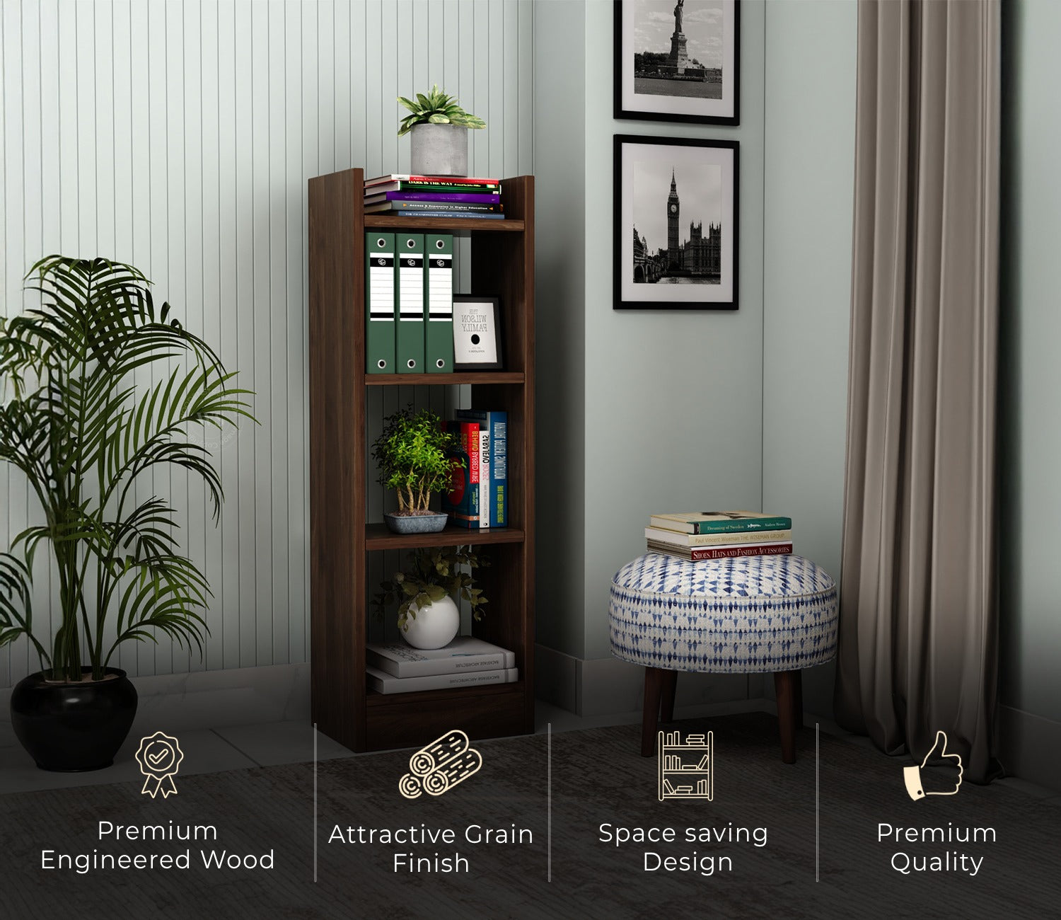 Fleming Engineered Wood Book Shelf With Open Storage (Columbian Walnut Finish)