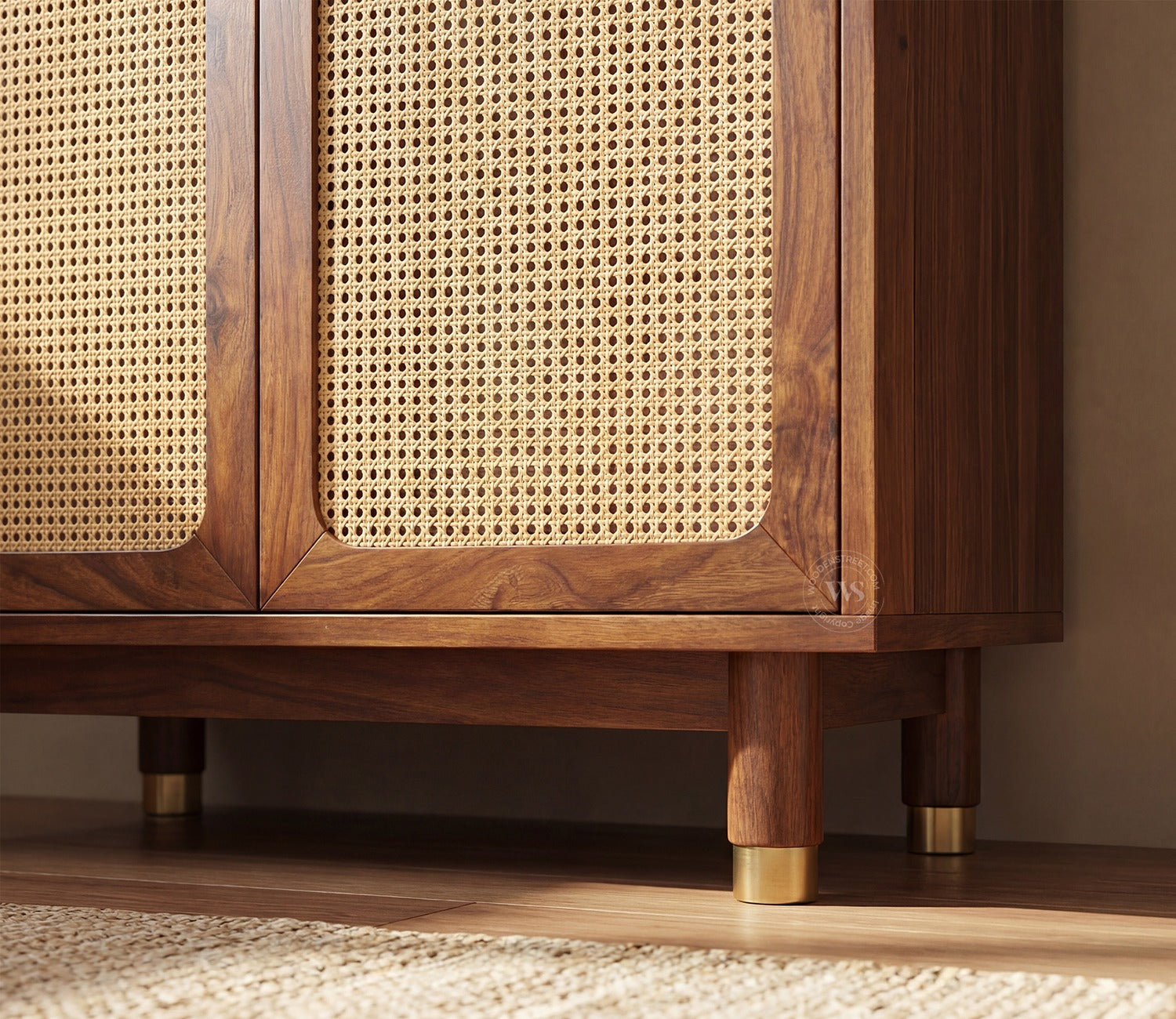 Sanchay Classic Kitchen Cabinet with Fluted Glass, Cane Weave & Brass Knobs (Teak Finish)