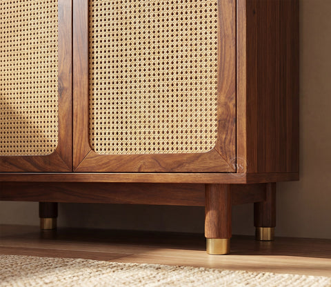 Sanchay Classic Kitchen Cabinet with Fluted Glass, Cane Weave & Brass Knobs (Teak Finish)