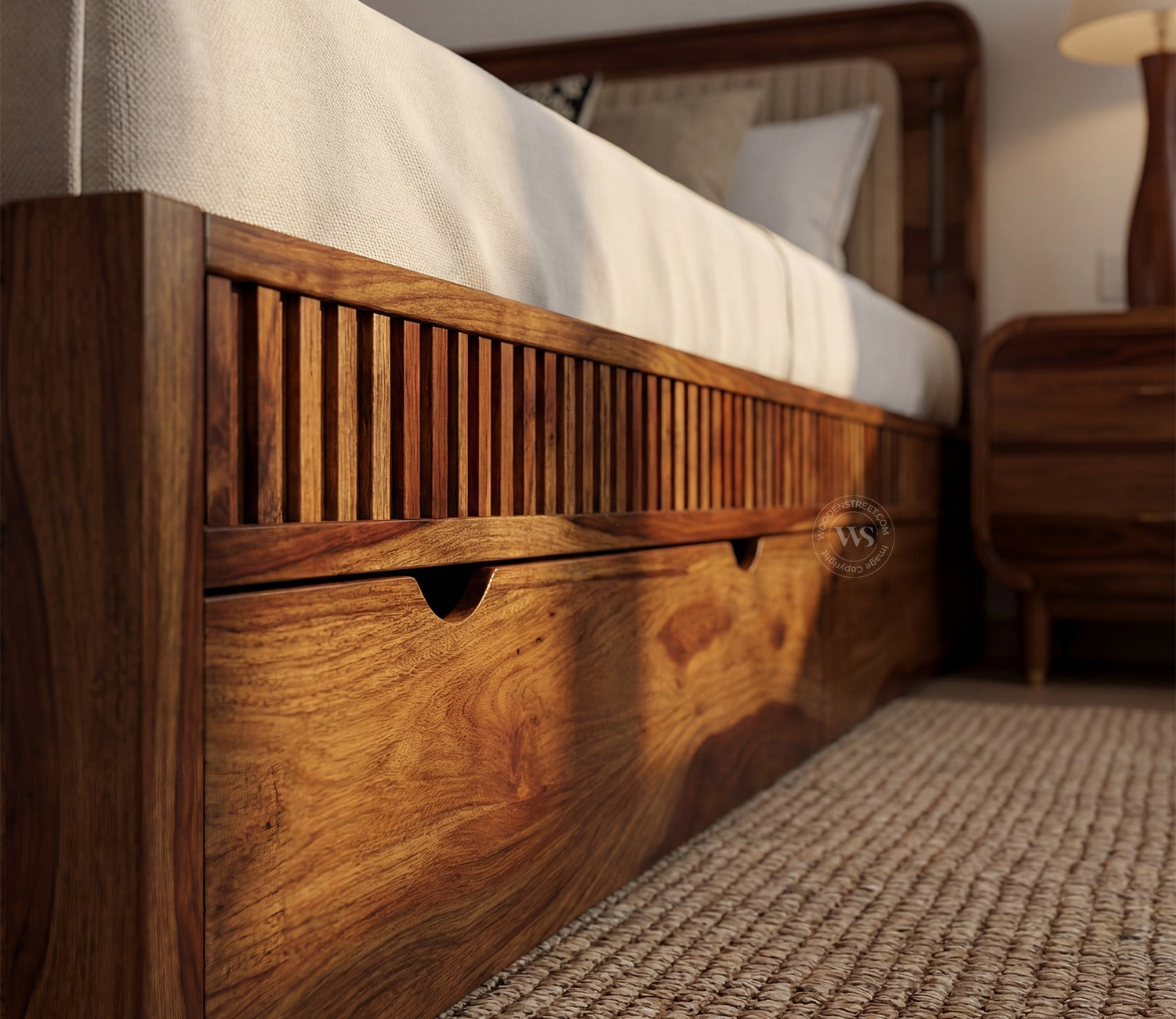 Lotus Premium Sheesham Wood Bed with Drawer Storage (King Size, Teak Finish)