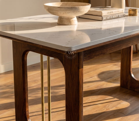 Mishaan-Rivano 6 Seater Sheesham Wood Dining Table Set with Quartz Top (Teak Finish)