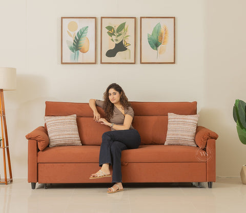 Bruna 3-Seater Convertible Sofa Cum Bed | Pull-Out Mechanism | Adjustable Backrest | Premium Fabric Upholstery | Space-Saving Design (Orange)