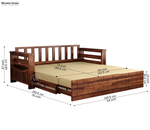 Sereta 3 Seater Sheesham Wood Sofa Cum Bed (King Size, Honey Finish)