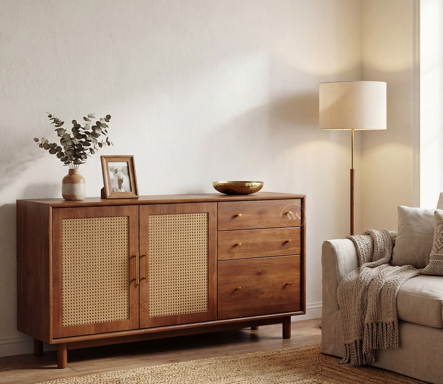 Tanay Mango Wood Sideboard with Cane Accents (Teak Finish)