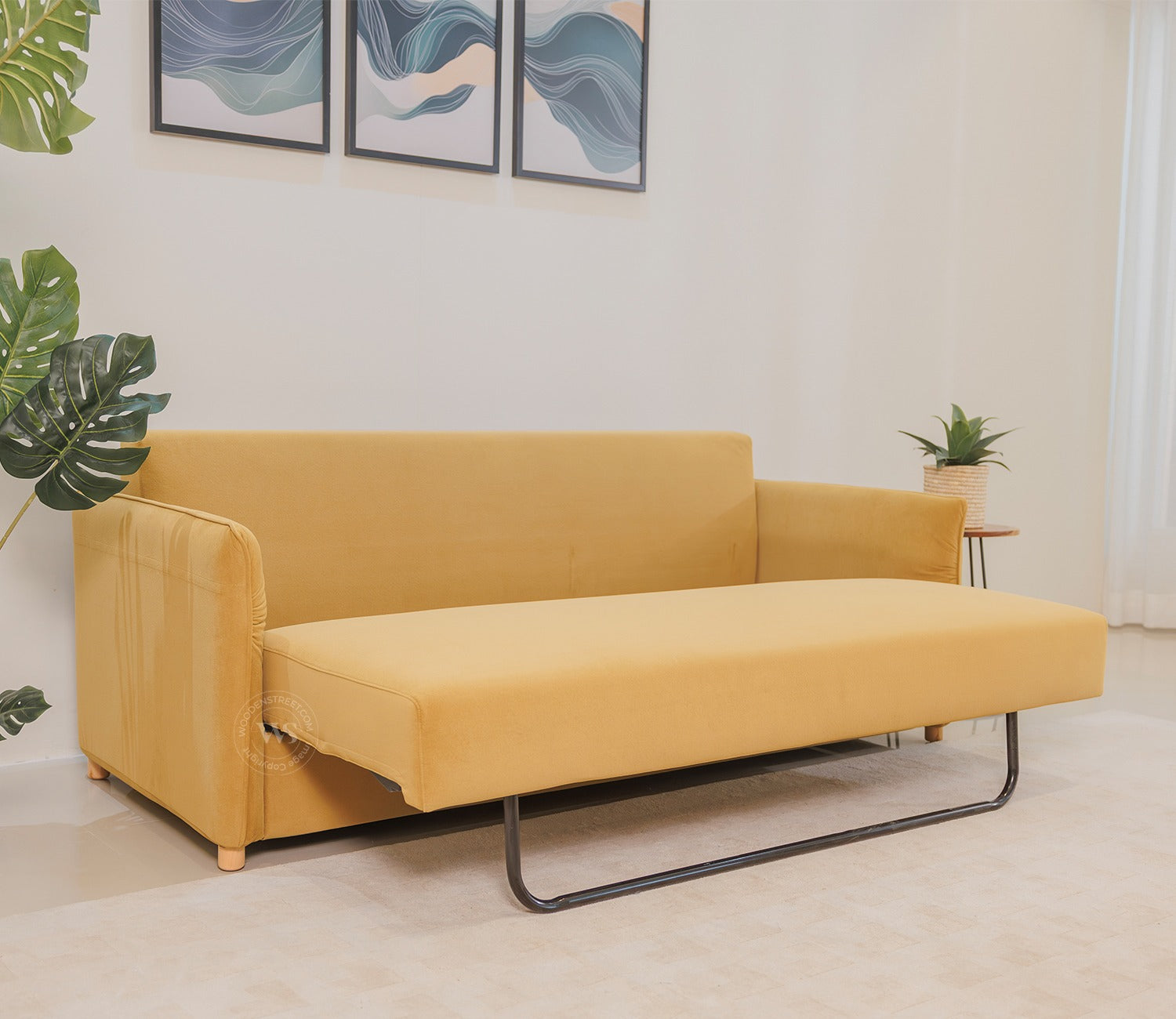 Saffra 3-Seater Sofa Cum Bed | Fold-Out Mechanism | Under-Seat Storage | Fabric Upholstery (Mustard)