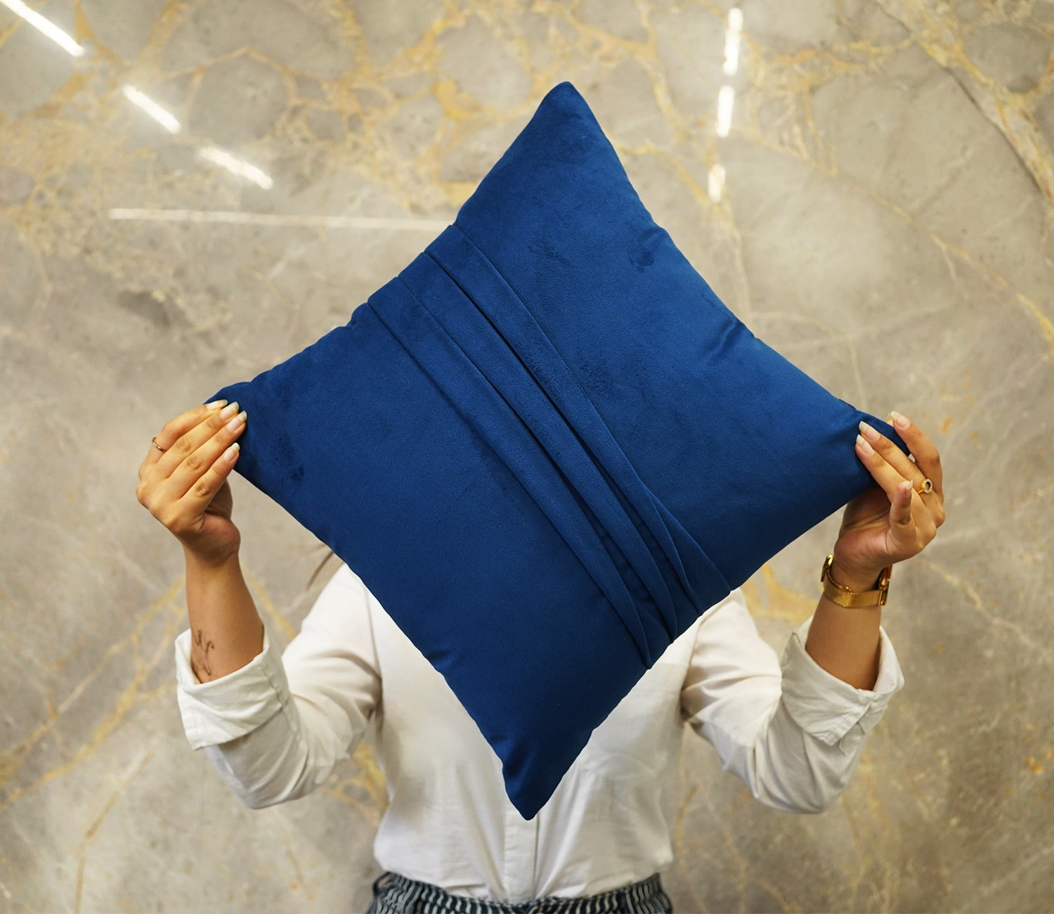 Caro Velvet Pleated Cushion Cover - Pack of 1 (16 x 16 Inch, Indigo Blue)