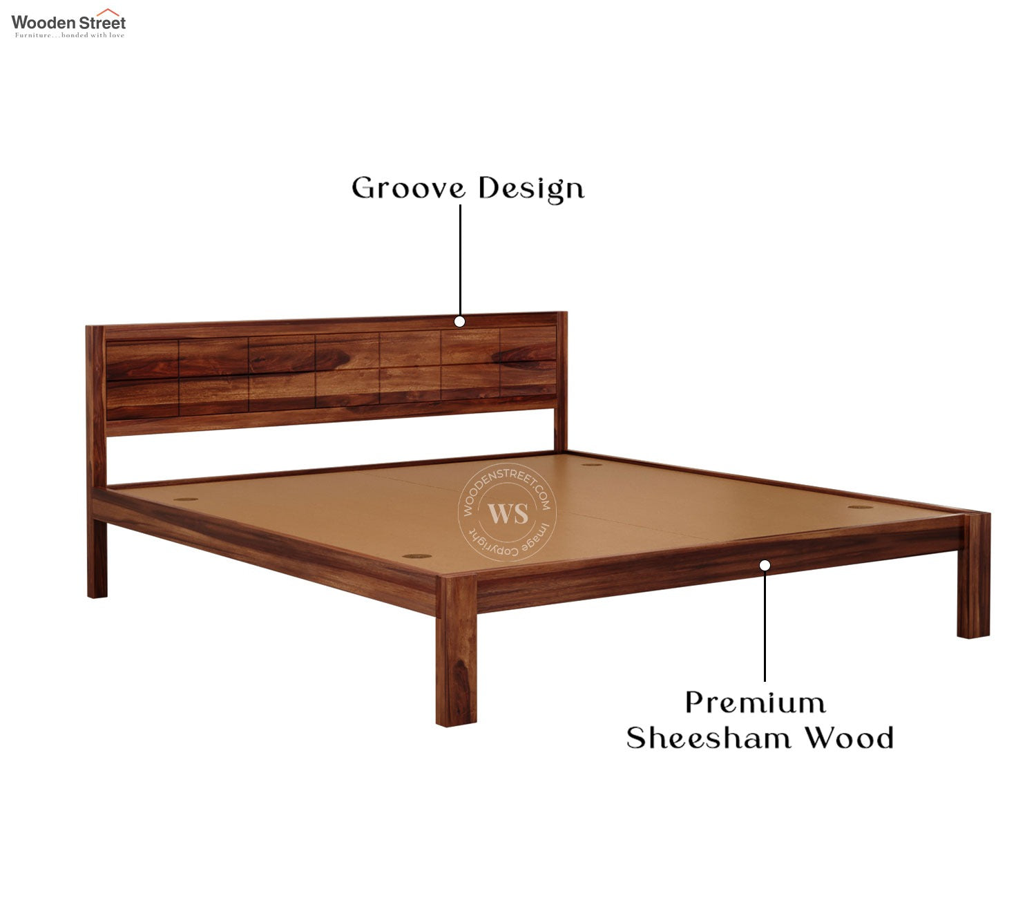 Brixton Sheesham Wood Bed Without Storage (Queen Size, Honey Finish)